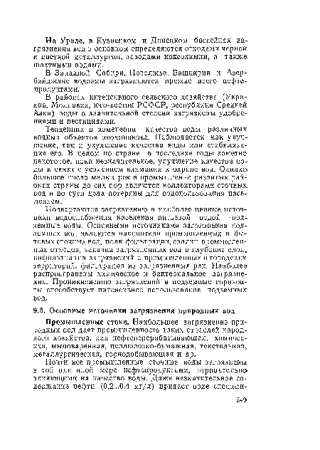 Промышленные стоки. Наибольшее загрязнение природных вод дает промышленность таких отраслей народного хозяйства, как нефтеперерабатывающая, химическая, мыловаренная, целлюлозно-бумажная, текстильная, металлургическая, горнодобывающая и др.