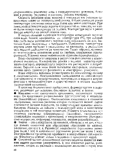 Воды открытых водоемов разнообразны ло химическому составу и микронаселению. Микронаселение складывается из собственного (автохтонного) и микроорганизмов, поступивших в водоем с загрязнениями и приспособившихся к существованию в данном водоеме (аллохтонное население).