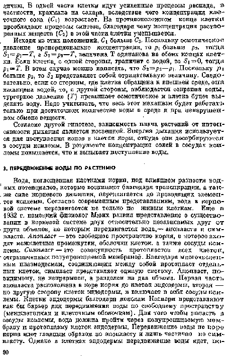 Согласно другой гипотезе, зависимость плача растений от интенсивности дыхания является косвенной. Энергия дыхания используется для поступления ионов в клетки коры, откуда они десорбируются в сосуды ксилемы. В результате концентрация солсй в сосудах ксилемы повышается, что и вызывает поступление воды.