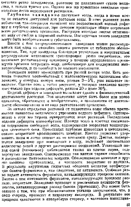 Глубокое завяданис поступает тогда, когда в почве почти по остается доступной для растения поды. В этих условиях даже небольшая транспирация вызывает псе возрастающий водный дефицит к глубокое западание, при котором происходит общее иссушение всего растительного организма. Растущие молодые листья оттягивают «оду от стебля и корневой системы. Последствия такого завядаиия могут быть необратимыми и губительным».