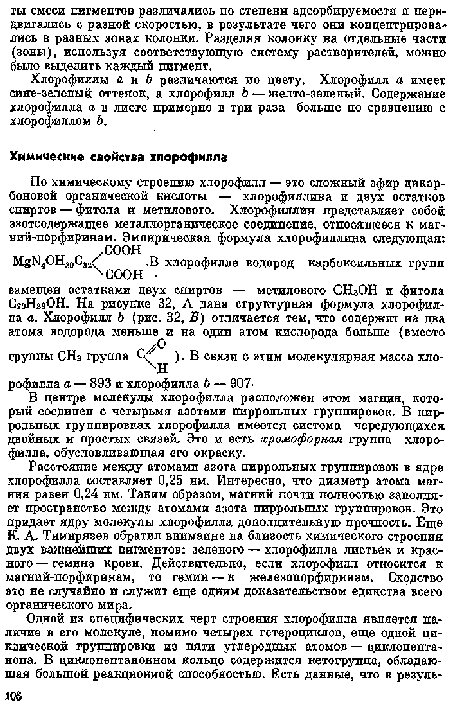 Расстояние между атомами азота пиррольных группировок в ядре хлорофилла составляет 0,25 эм. Интересно, что диаметр атома магния равен 0,24 нм. Таким образом, магний почти полностью заполняет пространство между агомами азота пиррольных группировок. Это придает ядру молекулы хлорофилла дополнительную прочность. Еще К. А. Тимирязев обратил внимание на близость химического строения двух важнейших пигментов: зеленого — хлорофилла листьев и красного — гемина крови. Действительно, если хлорофилл относится к магний-порфиринам, то гемин к железопорфиринам. Сходство это не случайно и служит еще одним доказательством единства всего органического мира.