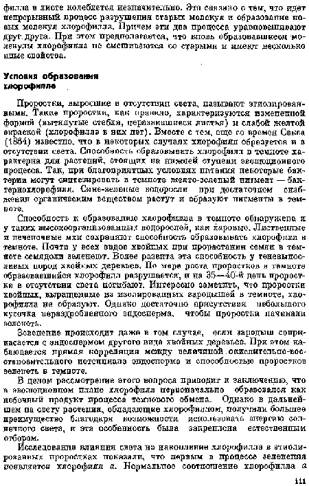 В целом рассмотрение этого вопроса приводит к заключению, что в эволюционном плане хлорофилл первоначально образовался как побочный продукт процесса темнового обмена. Однако в дальнейшем на свету растения, обладающие хлорофиллом, получили большее преимущество благодаря возможности использовать энергию сол-печпого света, и эта особенность была закреплена естественным отбором.