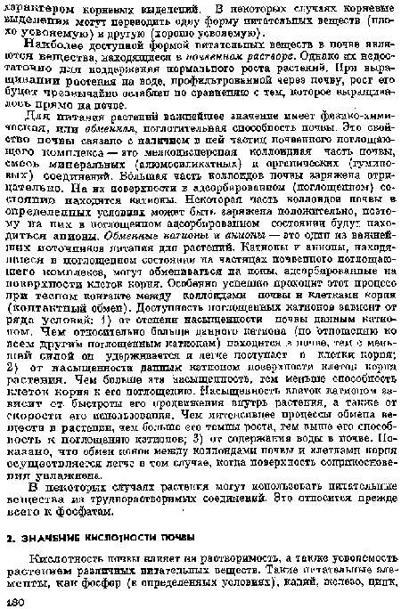 Наиболее доступной формой питательных веществ в почве являются вещества, находящиеся в почвенном растворе. Однако их недостаточно для поддержания нормального роста растений. При выращивании растения на воде, профильтрованной через почву, рост его будет чрезвычайно ослаблен по сравнению с тем, которое выращивалось прямо на почве.