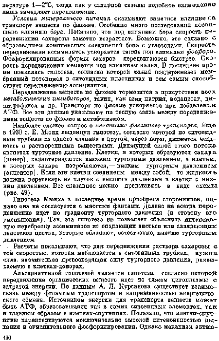 Гипотеза Мюнха в последнее время приобрела сторонников, однако она не согласуется с многими фактами. Далеко не всегда передвижение идет по градиенту тургорного давления (в сторону его уменьшения). Так, эта гипотеза не позволяет объяснить интенсивную переброску ассимилятов иа опадающих листьев или завядающих лепестков цветка, которые обладают, естественно, низким тургориым давлением.