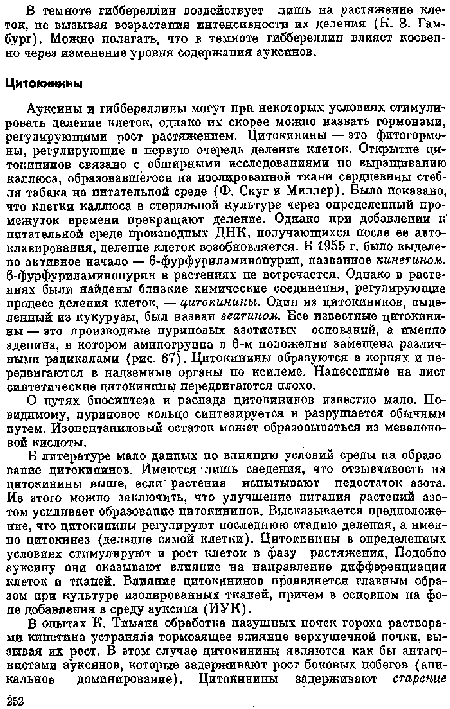 О путях биосинтеза и распада цитокининов известно мало. По-видимому, пуриновое кольцо синтезируется и разрушается обычным путем. Изопентапиловый остаток может образовываться из мевалоно-вой кислоты.