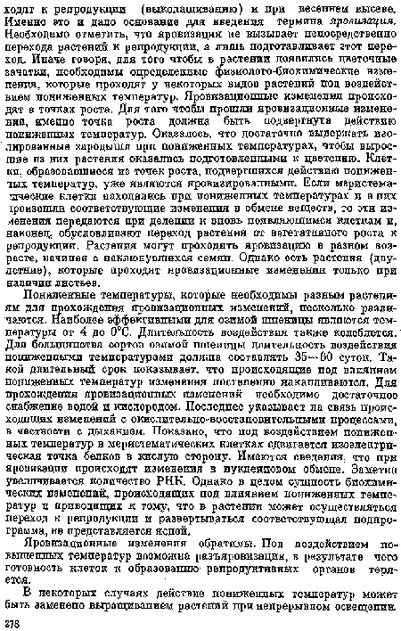 Пониженные температуры, которые необходимы разным растениям для прохождения яровизационных изменений, несколько различаются. Наиболее эффективными для озимой пшеницы являются температуры от 4 до 0°С. Длительность воздействия также колеблется. Для большинства сортов озимой пшепицы длительность воздействия пониженными температурами должна составлять 35—60 суток. Такой длительный срок показывает, что происходящие под влиянием пониженных температур изменения постепенно накапливаются. Для прохождения яровизационных изменений необходимо достаточное снабжение водой и кислородом. Последнее указывает па связь происходящих изменении с окислительно-восстановительными процессами, в частности с дыханием. Показано, что под воздействием пониженных температур в меристематических клетках сдвигается изоэлектри-ческая точка белков в кислую сторону. Имеются сведения, что при яровизации происходят изменения в нуклеиновом обмене. Заметно увеличивается количество РНК. Однако в целом сущность биохимических изменений, происходящих под влиянием пониженных температур и приводящих к тому, что в растении может осуществляться переход к репродукции и развертываться соответствующая подпрограмма, не представляется ясной.