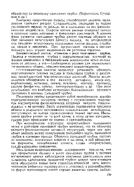 При исследовании структуры прорастающего пыльцевого зерна и растущей пыльцевой трубки выяснено, что их оболочка является физиологически активной структурой; через нее идет обмен веществ между содержимым пыльцевого зерна, пыльцевой трубки и клетками рыльца. Оболочка пыльцевой трубки состоит из целлюлозы, пектиновых веществ и каллозы, в ней обнаружены ферменты, аскорбиновая кислота, следы гетероауксина, сульфгидрильные соединения.