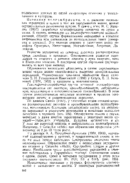 Образование нескольких яйцеклеток в одном зародышевом мешке также может способствовать развитию дополнительных зародышей. Формирование трех-пяти яйцеклеток было отмечено Е. Н. Герасимовой-Навашиной (1938) у Crépis, Е. Н. Устиновой (1960, 1962) у кукурузы и подсолнечника.