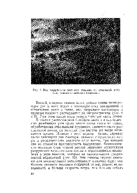 Весной, в период таяния снега, резкие смены температуры дня и ночи ведут к многократному замерзанию и оттаиванию воды в почве, лед разрывает капилляры н крупные комочки распадаются на микроагрегаты (рис. 8 и 9). При этом талые воды уносят илистую часть почвы.