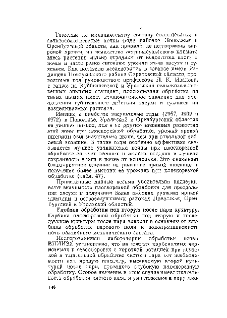 Именно в наиболее засушливые годы (1967, 1969 и 1972) в Поволжье, Уральской и Оренбургской областях на данных почвах, как и на других почвенных разностях этой зоны при плоскорезной обработке, урожай яровой пшеницы был значительно выше, чем при отвальной зяблевой вспашке. В такие годы особенно эффективно сказывается лучшее увлажнение почвы при плоскорезной обработке за счет осенних и зимних осадков и лучшая сохранность влаги в почве от испарения. Это оказывает благоприятное влияние на развитие яровой пшеницы и получение более высоких ее урожаев при плоскорезной обработке (табл. 47).