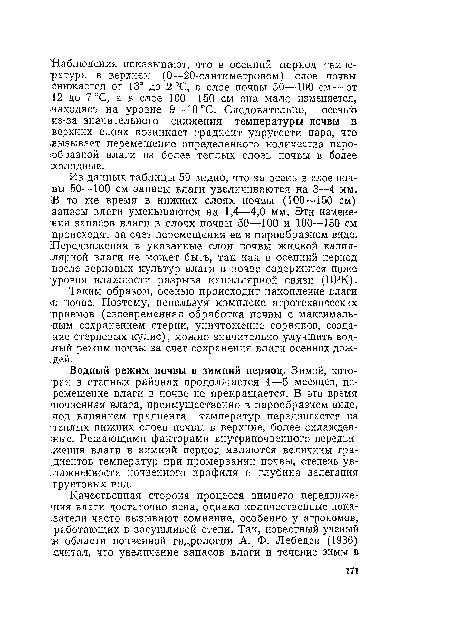 Таким образом, осенью происходит накопление влаги ■в почве. Поэтому, используя комплекс агротехнических приемов (своевременная обработка почвы с максимальным сохранением стерни, уничтожение сорняков, созда-¡ние стерневых кулис), можно значительно улучшить водный режим почвы за счет сохранения влаги осенних дож-.дей.