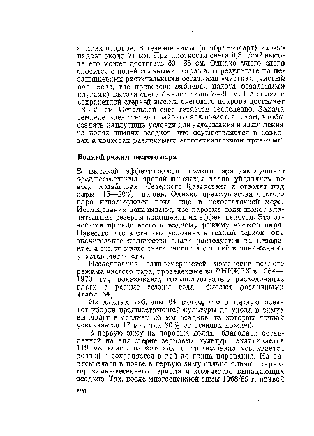 В высокой эффективности чистого пара как лучшего предшественника яровой пшеницы давно убедились <во всех хозяйствах Северного Казахстана и отводят под пары 15—20% пашни. Однако преимущества чистого пара используются пока еще в недостаточной мере. Исследования показывают, что л ар о вые ¡поля имеют значительные резервы повышения их эффективности. Это относится прежде всего к водному режиму чистого пара. Известно, что в степных условиях в теплый период года значительное количество влаги расходуется на испарение, а зимой много снега сносится с полей в пониженные участки местности.