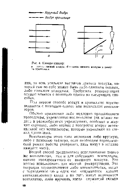 Обычно применяют либо медленно вращающиеся-пропеллеры, укрепленные под потолком (их можно видеть в разнообразных учреждениях, особенно в жарких странах), либо осевые с поворотом вокруг вертикальной оси вентиляторы, которые укрепляют на стенах хранилища.