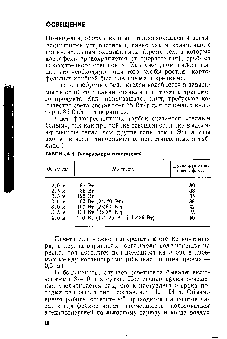 Число требуемых осветителей колеблется в зависимости от оборудования хранилищ и от сорта хранимого продукта. Как подсказывает опыт, требуемое количество света составляет 65 Вт/т для основных культур и 85 Вт/т — для ранних.