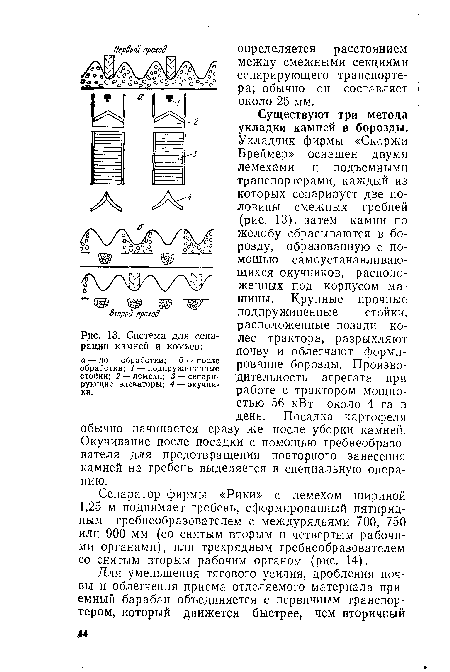 Сепаратор фирмы «Рики» с лемехом шириной 1,25 м поднимает гребень, сформированный пятирядным гребнеобразователем с междурядьями 700, 750 или 900 мм (со снятым вторым и четвертым рабочими органами), или трехрядным гребнеобразователем со снятым вторым рабочим органом (рис. 14).