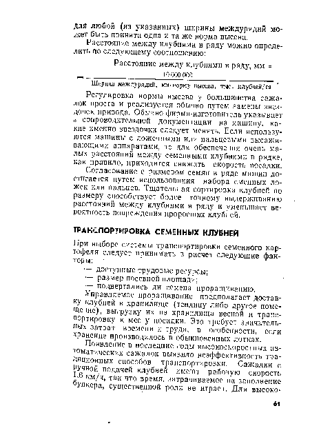 Регулировка нормы высева у большинства сажалок проста и реализуется обычно путем замены звездочек привода. Обычно фирма-изготовитель указывает в сопроводительной документации на машину, какие именно звездочки следует менять. Если используются машины с ложечными или пальцевыми высаживающими аппаратами, то для обеспечения очень малых расстояний между семенными клубнями в рядке, как правило, приходится снижать скорость посадки.