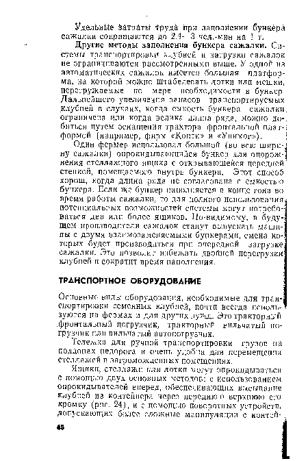 Основные виды оборудования, необходимые для тран-, спортировки семенных клубней, почти всегда используются на фермах и для других нужд. Это тракторный фронтальный погрузчик, тракторный вильчатый погрузчик или вильчатый автопогрузчик.