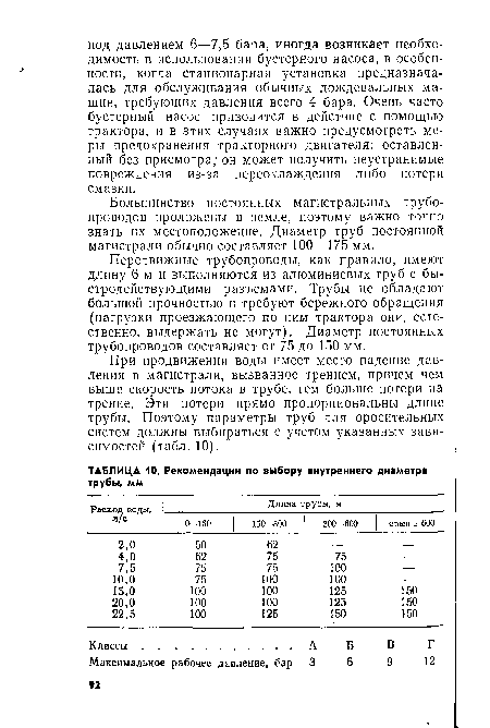 При продвижении воды имеет место падение давления в магистрали, вызванное трением, причем чем выше скорость потока в трубе, тем больше потери на трение. Эти потери прямо пропорциональны длине трубы. Поэтому параметры труб для оросительных систем должны выбираться с учетом указанных зависимостей (табл. 10).