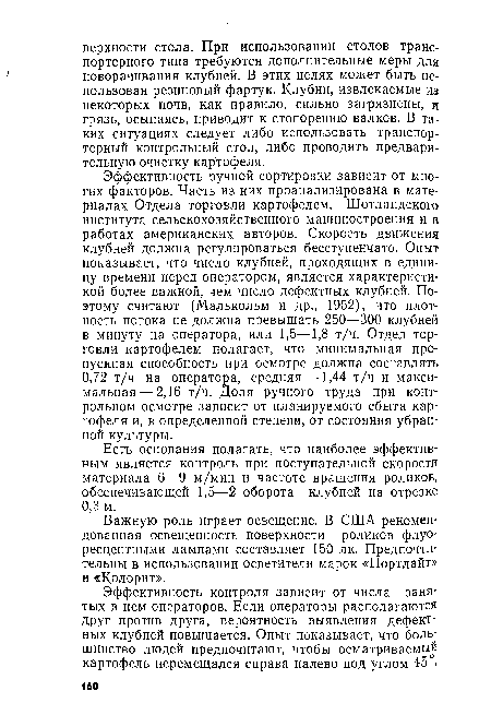 Эффективность ручной сортировки зависит от многих факторов. Часть из них проанализирована в материалах Отдела торговли картофелем, Шотландского института сельскохозяйственного машиностроения и в работах американских авторов. Скорость движения клубней должна регулироваться бесступенчато. Опыт показывает, что число клубней, проходящих в единицу времени перед оператором, является характеристикой более важной, чем число дефектных клубней. Поэтому считают (Малькольм и др., 1952), что плотность потока не должна превышать 250—300 клубней в минуту на оператора, или 1,5—1,8 т/ч. Отдел торговли картофелем полагает, что минимальная пропускная способность при осмотре должна составлять 0,72 т/ч на оператора, средняя—1,44 т/ч и максимальная— 2,16 т/ч. Доля ручного труда при контрольном осмотре зависит от планируемого сбыта картофеля и, в определенной степени, от состояния убранной культуры.