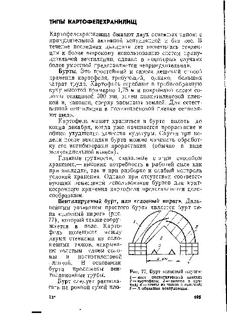 Бурты. Это простейший и самый дешевый способ хранения картофеля, требующий, однако, больших затрат труда. Картофель сгребают в гребнеобразную кучу высотой примерно 1,75 м и покрывают слоем соломы толщиной 300 мм, затем полиэтиленовой пленкой и, наконец, сверху засыпают землей. Для естественной вентиляции в полиэтиленовой пленке оставляют щель.