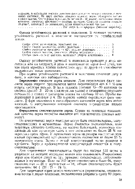 Для определения стекловидностн берут без выбора 100 зерен и разрезают их поперек посредине ножом или скальпелем. Разрезанные зерна при осмотре делят на три фракции: стекловидные, полустекло-видные и мучнистые. Если из 100 зерен стекловидных было 64, полу-стекловидных — 20 и мучнистых—16, общая стекловидность будет составлять: 64 - - (20 : 2) = 74 96.