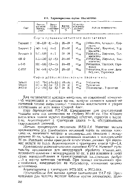 Культиватор-растениепитатель хлопковый КРТ-4. Навесной культиватор предназначен для междурядной обработки хлопчатника, посеянного сеялками с междурядьями 90 см, и для внесения в почву сухих порошкообразных и гранулированных минеральных удобрений в период вегетации растений. При помощи специального приспособления, навешиваемого на культиватор, производит чеканку хлопчатника.