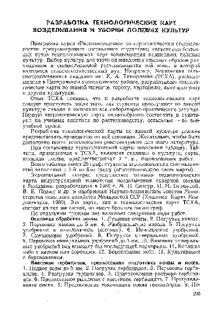 Значительный интерес представляет типовая технологическая карта индустриальной технологии возделывания сахарной свеклы в Молдавии, разработанная в 1980 г. М. П. Снегур, И. Н. Бережной, В. Е. Пержу и др. и одобренная Научно-техническим советом Министерства сельского хозяйства Молдавской ССР (Кишинев: Картя Молдовеняска, 1980). Эта карта, как и технологическая карта ТСХА, состоит из тех же частей, но имеет большее число граф.