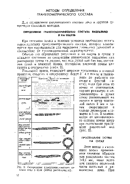 Обычно его определяют визуально и на ощупь в сухом и влажном состоянии по следующим показателям: ощущение при растирании почвы на ладони, вид под лупой или без нее, состояние сухой и влажной почвы, отношение влажной почвы или грунта к скатыванию (табл. 2).