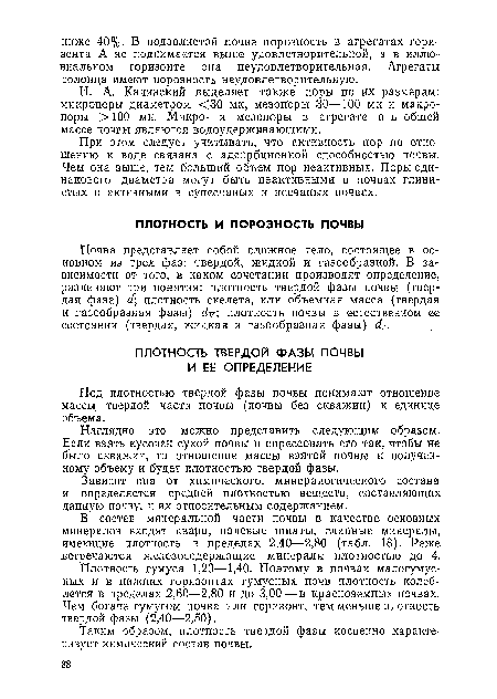 В состав минеральной части почвы в качестве основных минералов входят кварц, полевые шпаты, глинные минералы, имеющие плотность в пределах 2,40—2,80 (табл. 18). Реже встречаются железосодержащие минералы плотностью до 4.