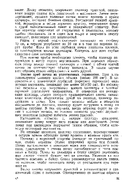 Направитель снимают и, закрыв цилиндр шомполом, окапывают почву вокруг него ножом или лопаточкой. Затем почву под цилиндром подрезают таким образом, чтобы оставался некоторый излишек ее.