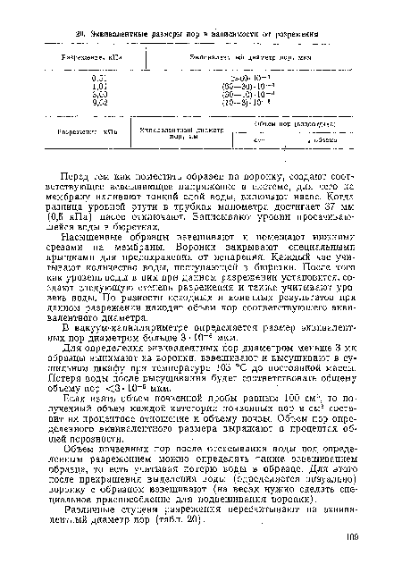 Насыщенные образцы взвешивают и помещают нижними срезами на мембраны. Воронки закрывают специальными крышками для предохранения от испарения. Каждый час учитывают количество воды, поступающей в бюретки. После того как уровень воды в них при данном- разрежении установится, создают следующую степень разрежения и также учитывают уровень воды. По разности исходных и конечных результатов при данном разрежении находят объем пор соответствующего эквивалентного диаметра.