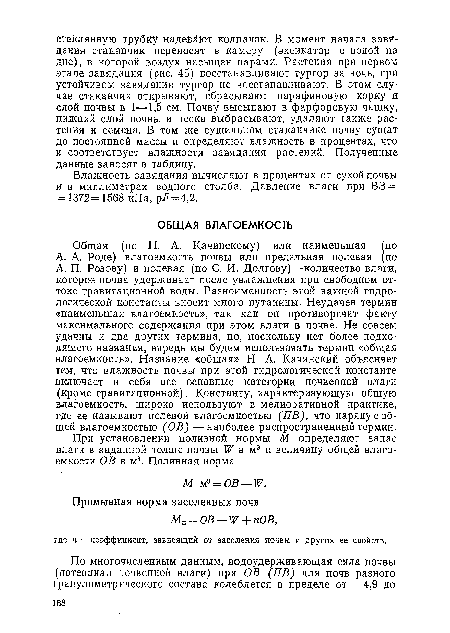 Общая (по Н. А. Качинскому) или наименьшая (по А. А. Роде) влагоемкость почвы или предельная полевая (по А. П. Розову) и полевая (по С. И. Долгову)—количество влаги, которое почва удерживает после увлажнения при свободном оттоке гравитационной воды. Разноименность этой важной гидрологической константы вносит много путаницы. Неудачен термин «наименьшая влагоемкость», так как он противоречит факту максимального содержания при этом влаги в почве. Не совсем удачны и два других термина, но, поскольку нет более подходящего названия, впредь мы будем использовать термин «общая влагоемкость». Название «общая» Н. А. Качинский объясняет тем, что влажность почвы при этой гидрологической константе включает в себя все основные категории почвенной влаги (кроме гравитационной). Константу, характеризующую общую влагоемкость, широко используют в мелиоративной практике, где ее называют полевой влагоемкостью (ПВ), что наряду с общей влагоемкостью (ОБ)—наиболее распространенный термин.