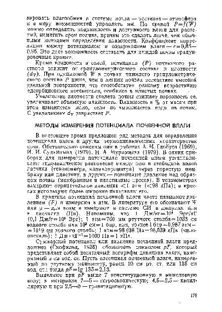 В настоящее время предложен ряд методов для определения потенциала влаги и других термодинамических характеристик почв. Обстоятельно описаны они в работах А. М. Глобуса (1969), И. И. Судницына (1979), Н. А. Муромцева (1979). В одних приборах для измерения потенциала почвенной влаги устанавливают гидравлическое равновесие между нею и свободной водой датчика (тензиометра, капилляриметра) через пористую мембрану или пластину, в других — повышают давление над образцом почвы (мембранные и пластинные пресса). В тензиометрах измеряют отрицательное давление <1 атм (<98 кПа); в прессах используют более широкие интервалы его.