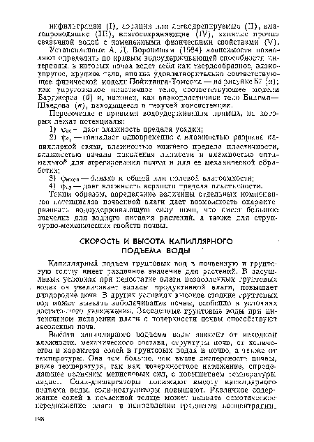 Установленные А. Д. Ворониным (1984) зависимости позволяют определить по кривым водоудерживающей способности интервалы, в которых почва ведет себя как твердообразное, вязко-упругое, хрупкое тело, вполне удовлетворительно соответствующее физической модели Пойнтинга-Томсона — на рисунке 57 (а); как упруговязкое пластичное тело, соответствующее модели Барджерса (б) и, наконец, как вязкопластичное тело Бингма— Шведова (в), находящееся в текучей консистенции.