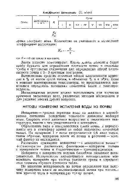 Испарение — процесс перехода воды из жидкого в парообразное состояние вследствие теплового движения молекул воды. Скорость этого движения возрастает с увеличением температуры, вместе с тем увеличивается и испарение.