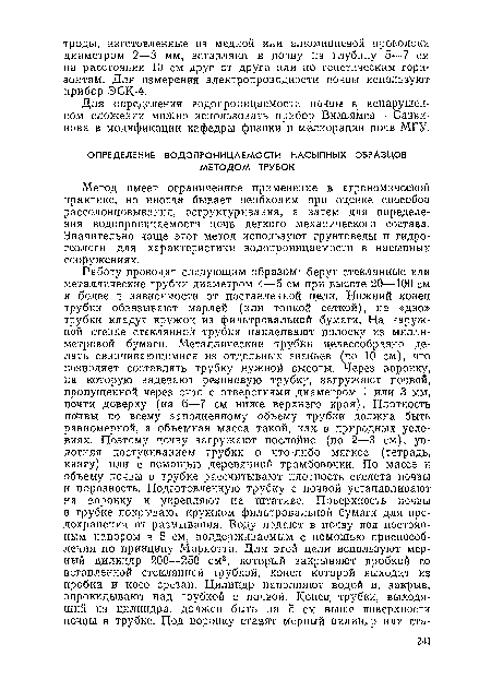 Метод имеет ограниченное применение в агрономической практике, но иногда бывает необходим при оценке способов рассолонцовывания, оструктуривания, а затем для определения водопроницаемости почв легкого механического состава. Значительно чаще этот метод используют грунтоведы и гидрогеологи для характеристики водопроницаемости в насыпных сооружениях.