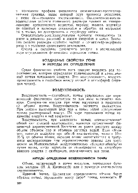 Среди физических свойств почв следует выделить ряд характеристик, которые определяют количественный и качественный состав почвенного воздуха. Это воздухоемкость, воздухопроницаемость и газообмен между почвой и атмосферой (аэрация почвы).