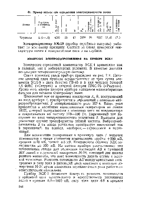 Для исключения поляризации в приемную цепь I включен компенсатор с тремя ступенями компенсации: грубая +500 мВ, средняя ±30 мВ, точная +3 мВ. Компенсатор снимает ЭДСполяризации до 500 мВ. На панели прибора расположены: два штепсельных гнезда для включения питающей АВ и приемной МЫ линий и стрелочный измеритель М-24, имеющий две шкалы разного масштаба, что дает возможность делать отсчет с высокой точностью. Разность потенциала Д V между приемными электродами и силу тока в питающей цепи измеряют с помощью измерителя М-24 путем включения переключателя рода работ в соответствующее положение.