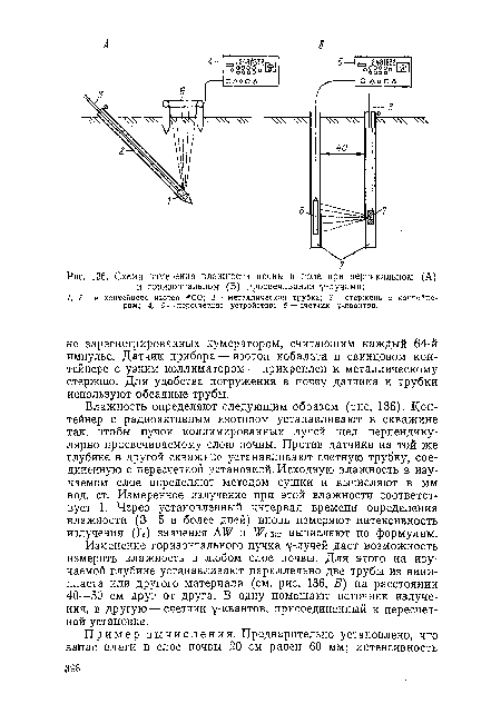 Изменение горизонтального пучка у-лучей дает возможность измерить влажность в любом слое почвы. Для этого на изучаемой глубине устанавливают параллельно две трубы из винипласта или другого материала (см. рис. 136, 5) на расстоянии 40—50 см друг от друга. В одну помещают источник излучения, в другую — счетчик 7-квантов, присоединенный к пересчетной установке.