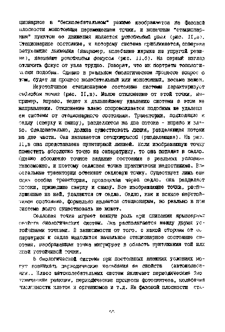 Неустойчивое стационарное состояние системы характеризует седловая точка (рис. П,в). Малое отклонение от этой точки, например, вправо, ведет к дальнейшему удалению системы в этом же направлении. Отклонение влево сопровождается подобным же удалением системы от стационарного состояния. Траектории, подходящие к седлу (сверху и снизу), разделяются на два потока - вправо и влево. Следовательно, должна существовать линия, разделяющая потоки на две части. Она называется сепаратрисой (разделяющая). На рис. II,в она представлена пунктирной линией. Если изображающую точку поместить абсолютно точно на сепаратрису, то она попадет в седло. Однако абсолютно точное задание состояния в реальных условиях невозможно, и поэтому седловая точка практически недостижима. Все остальные траектории обтекают седловую точку. Существует лишь еще одна особая траектория, проходящая через седло. Она разделяет потоки, пришедшие сверху и снизу. Все изображающие точки, расположенные на вдй, удаляются от седла. Седло, как и всякое неустойчивое состояние, формально является стационарым, но реально в нем система долго существовать не может.