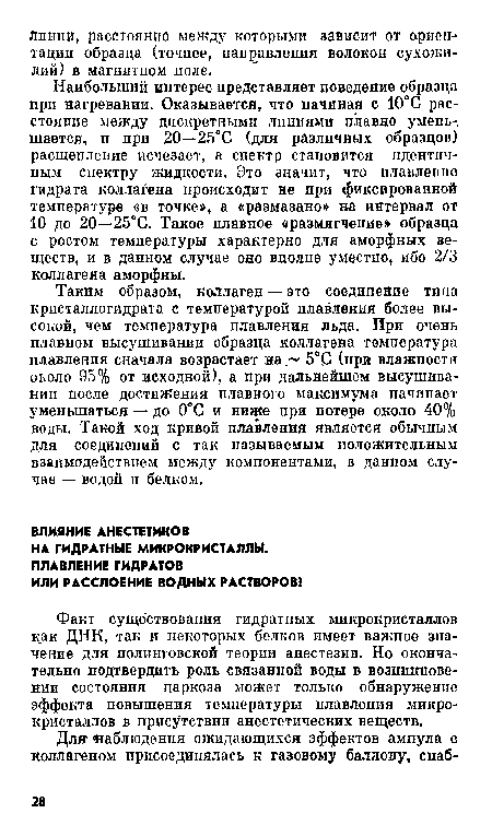 Таким образом, коллаген —это соединение типа кристаллогидрата с температурой плавления более высокой, чем температура плавления льда. При очень плавном высушивании образца коллагена температура плавления сначала возрастает на 5°С (при влажности около 95% от исходной), а при дальнейшем высушивании после достижения плавного максимума начинает уменьшаться — до 0°С и ниже при потере около 40% воды. Такой ход кривой плавления является обычным для соединений с так называемым положительным взаимодействием между компонентами, в данном случае — водой и белком.