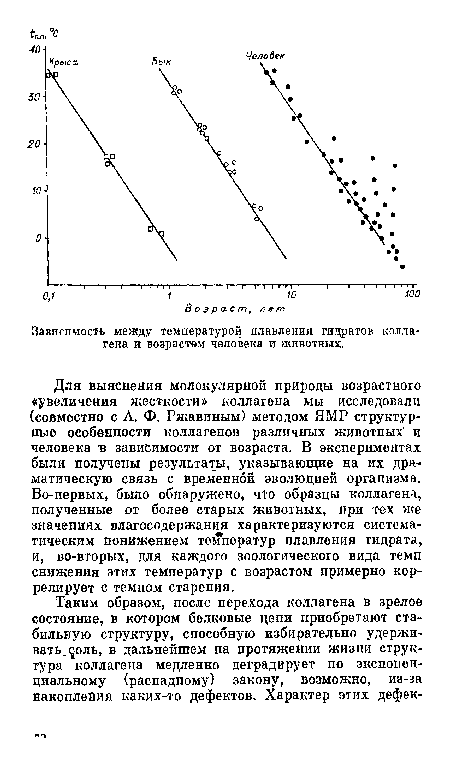 Зависимость между температурой плавления гидратов коллагена и возрастом человека и животных.