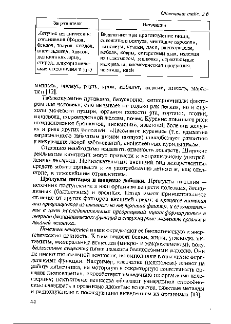 Полезные вещества пищи определяют ее биологическую и энергетическую ценность. К ним относят белки, жиры, углеводы, витамины, минеральные вещества (микро- и макроэлементы), воду. Балластные вещества пищи названы бесполезными условно. Они не имеют питательной ценности, но выполняют в организме определенные функции. Например, клетчатка (целлюлоза) влияет на работу кишечника, на моторную и секреторную деятельность органов пищеварения, способствует выведению из организма холестерина; пектиновые вещества обладают уникальной способностью связывать в организме ядовитые вещества, тяжелые металлы и радионуклиды с последующим выведением из организма [13].