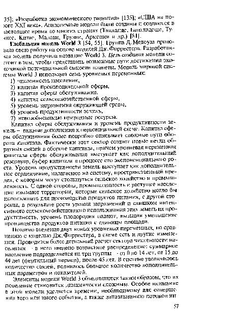 Помимо введения двух новых уровневых переменных, по сравнению с моделью Дж. Форрестера, в схеме есть и другие изменения. Проводится более детальный расчет сектора численности населения — в него введено возрастное распределение: суммарное население подразделяется на три группы — от 0 до 14 лет, от 15 до 44 лет (фертильный период), после 45 лет. В системе увеличилось количество связей, появилось большое количество дополнительных параметров и показателей.