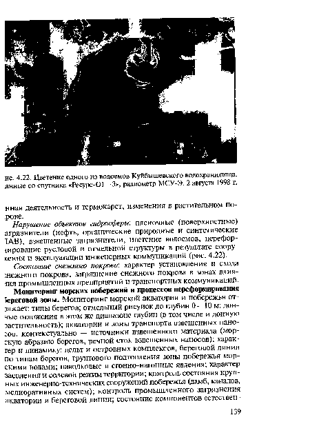 Нарушение объектов гидросферы: пленочные (поверхностные) агрязнители (нефть, органические природные и синтетические ХАВ), взвешенные загрязнители, цветение водоемов, перефор-шрование русловой и отмельной структуры в результате сооружения и эксплуатации инженерных коммуникаций (рис. 4.22).