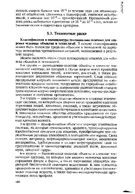 Можно выделить шесть групп потенциально опасных для человека объектов и технологий.