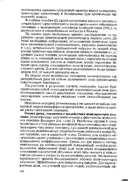 Полученный в результате расчета двумерный массив будер представлять собой потенциальный территориальный риск (пол< потенциального риска) заболевания населения, обусловленньи загрязнением атмосферы оксидами азота автомобильных выхлопов.