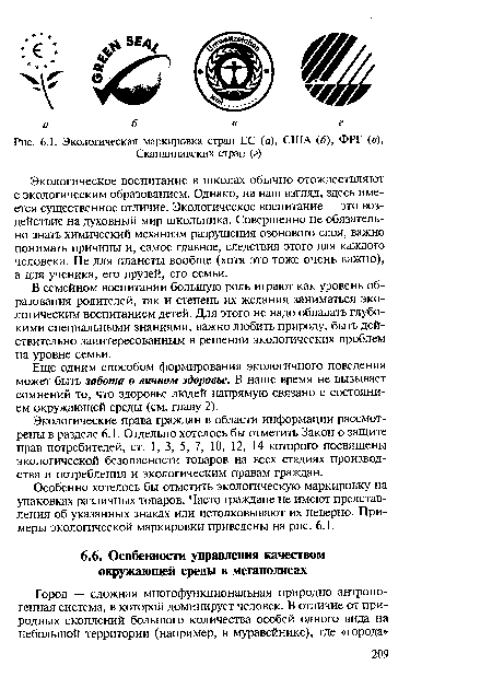 Экологическая маркировка стран ЕС (а), США (б), ФРГ (в), Скандинавских стран (г)