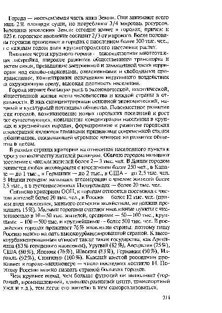 В разных странах критерии на отнесения населенного пункта к ороду по количеству жителей различны. Обычно городом называют тоселение с числом жителей более 2 — 3 тыс. чел. В Дании городом ¡читается любая агломерация с населением более 250 чел., в Кана-16 — до 1 тыс., в Германии — до 2 тыс., в США — до 2,5 тыс. чел. 3 Индии городом называют агломерации с числом жителей более ?,5 тыс., а в густонаселенных Нидерландах — более 20 тыс. чел.