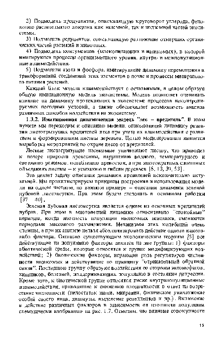 Это делает задачу описания динамики вредителей исключительно актуальной. Мы проиллюстрируем принципы построения и использования модели на одном частном, но важном примере — описании динамики зеленой дубовой листовертки. При этом будем следовать в основном работам [37 - 40] .